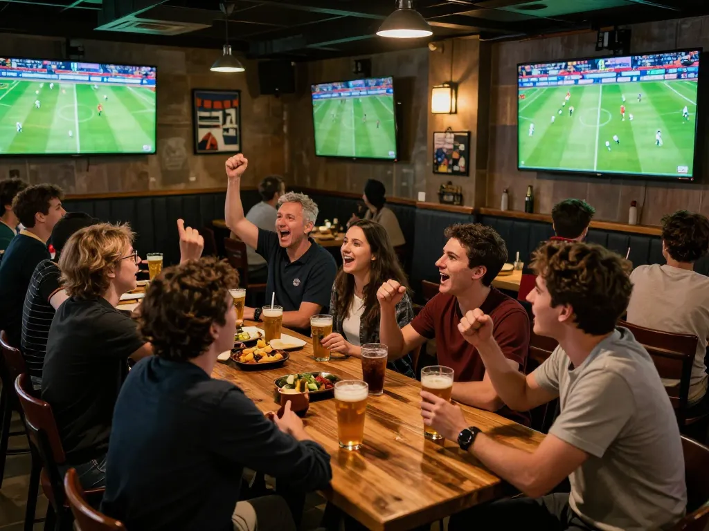 Xôi lạc in a vibrant sports bar, friends cheering for their team while watching the live match screens.