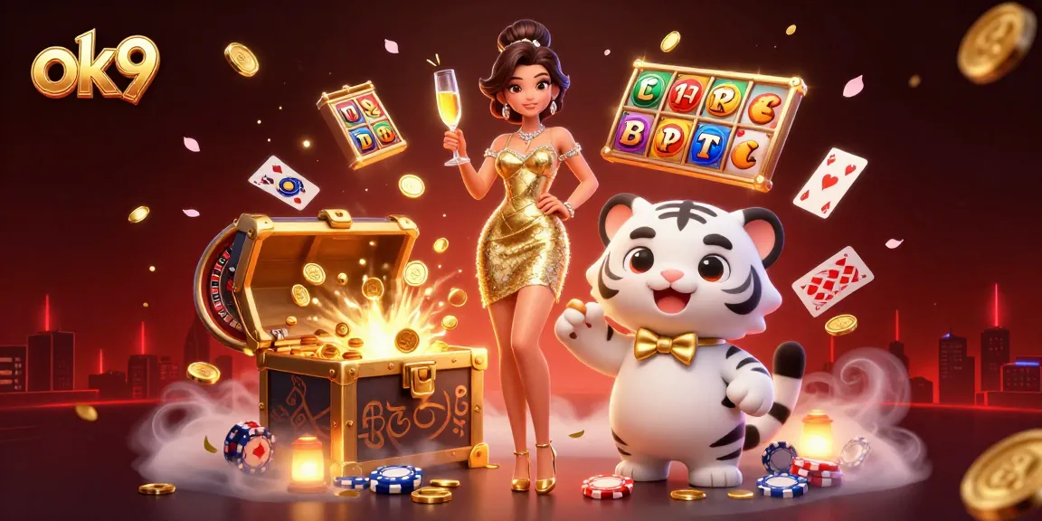 Win big at ok9 with a glamorous casino scene featuring a lucky tiger and stunning woman.