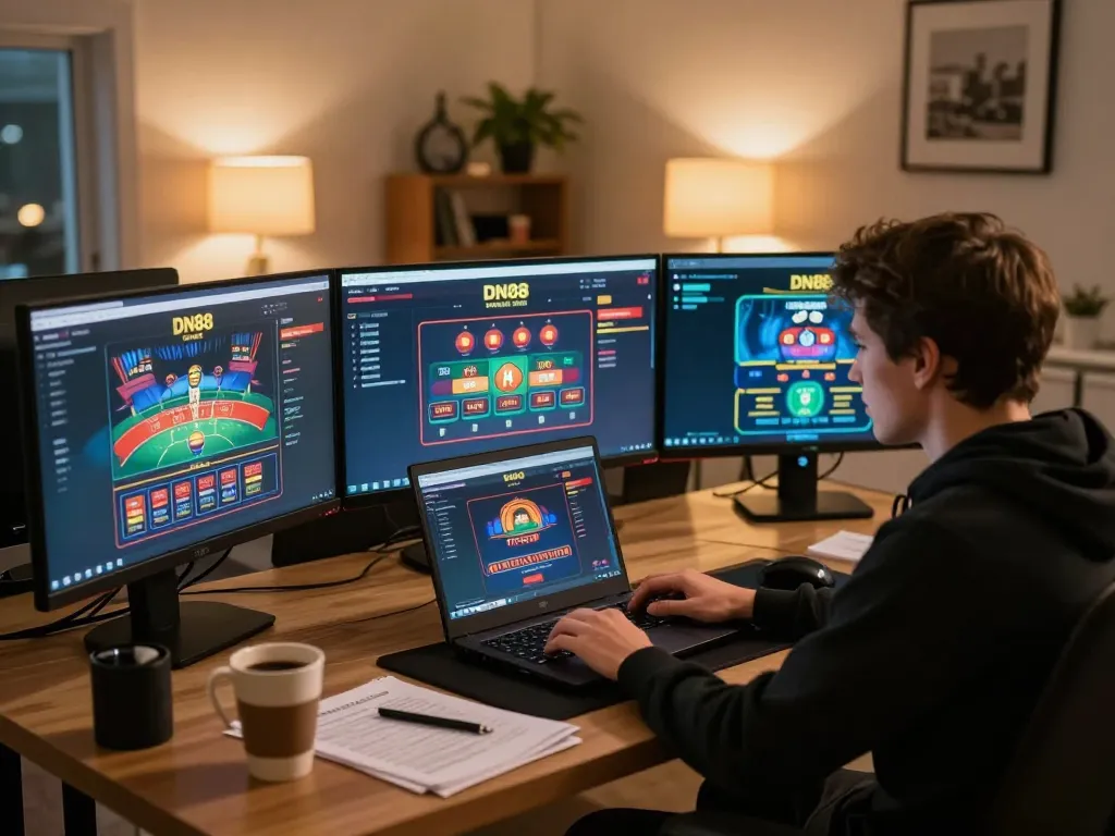 Engaged player strategizing on DN88 casino platform while enjoying cozy home setup.