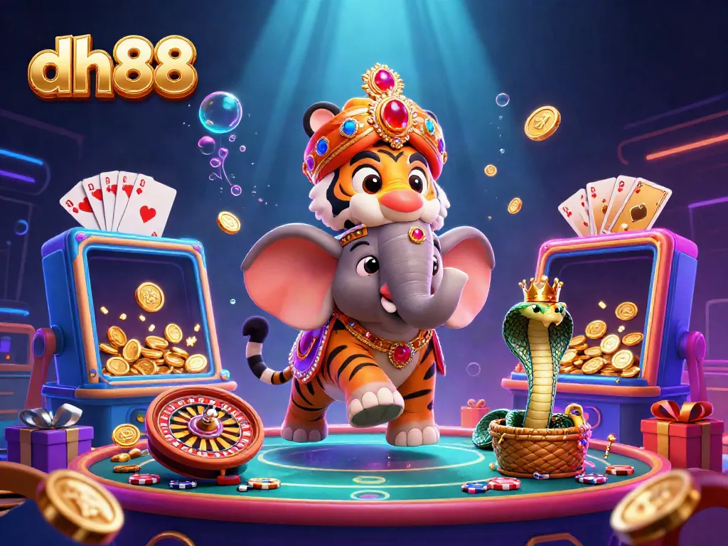 Experience thrilling gambling action at dh88 with a vibrant scene of a maharaja tiger, elephant, and cobra amidst colorful slot games.