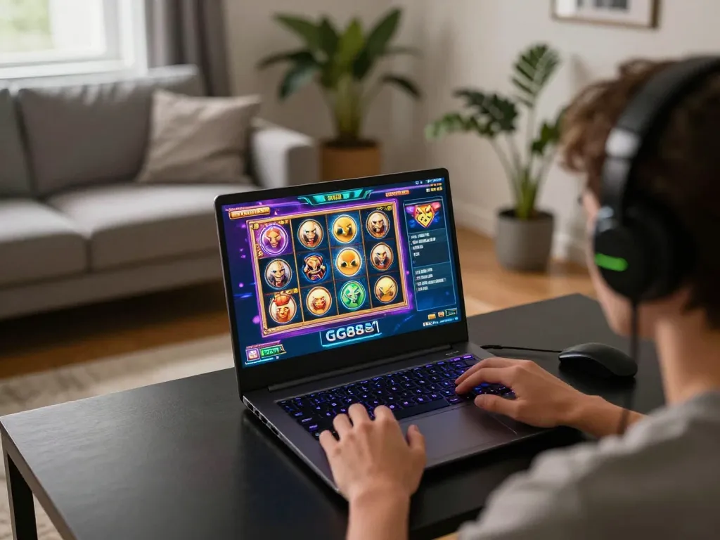 Engaged player enjoying GG888 online gaming experience on laptop with vibrant graphics