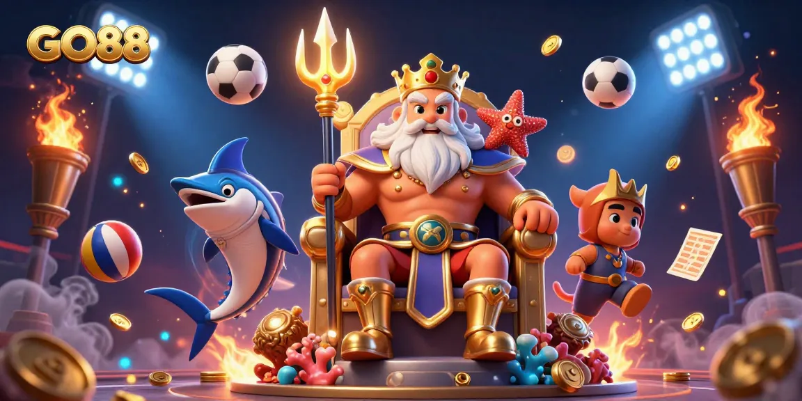 Engage in thrilling gaming action at GO88 with an ultra-detailed 3D casino scene featuring Neptune and sports betting elements.