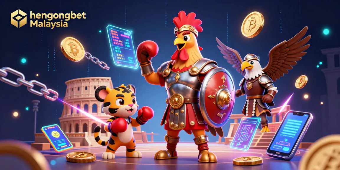 Experience hengongbet Malaysia with a vibrant 3D illustration showcasing a gladiator rooster amid crypto elements and gaming excitement.