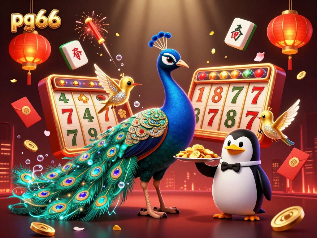 Spin and win at pg66 with a vibrant scene featuring a charming peacock and casino elements.