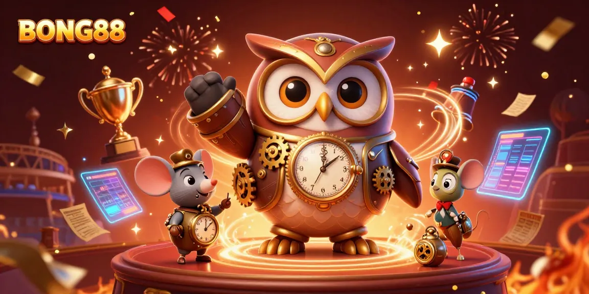 BONG88 sports betting scene showcasing a time-traveler owl, betting slips, and festive elements.