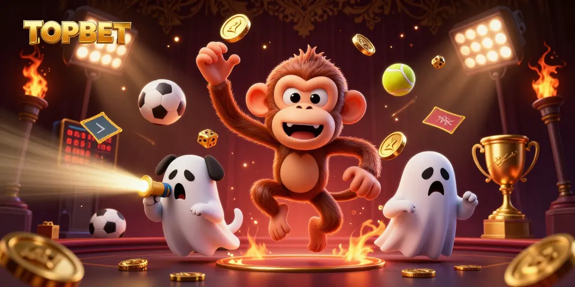 Engage with TOPBET by placing your bets amidst a lively casino scene featuring a playful poltergeist monkey.