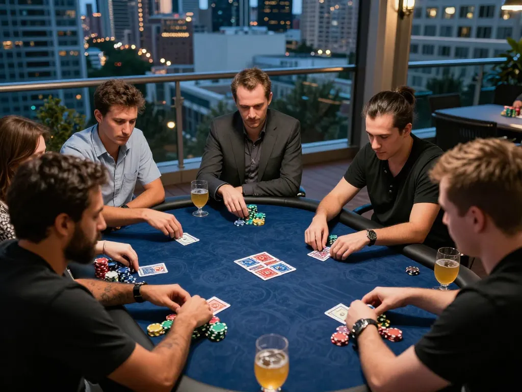 pengguna halo777 terlibat dalam permainan poker strategis di teras yang chic, menunjukkan kegembiraan dan kehidupan malam perkotaan