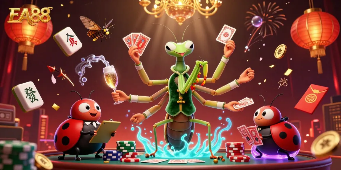 Engage in thrilling EA88 gaming adventures with a giant mantis dealer and ladybug pit boss.