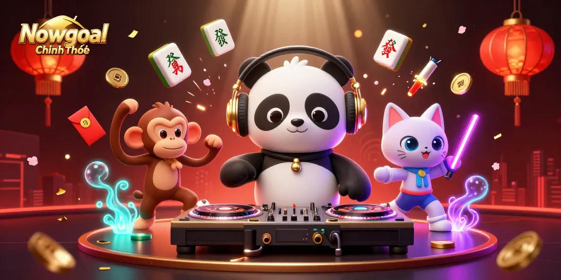 Nowgoal Chính Thức showcases a vibrant casino scene featuring a DJ panda, breakdancing monkey, and glow-stick kitten.