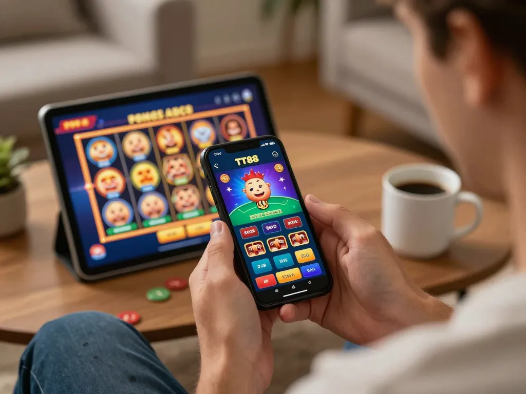 Player engaging with the nhà cái tt88 app in a cozy home setting, showcasing dynamic online gaming.