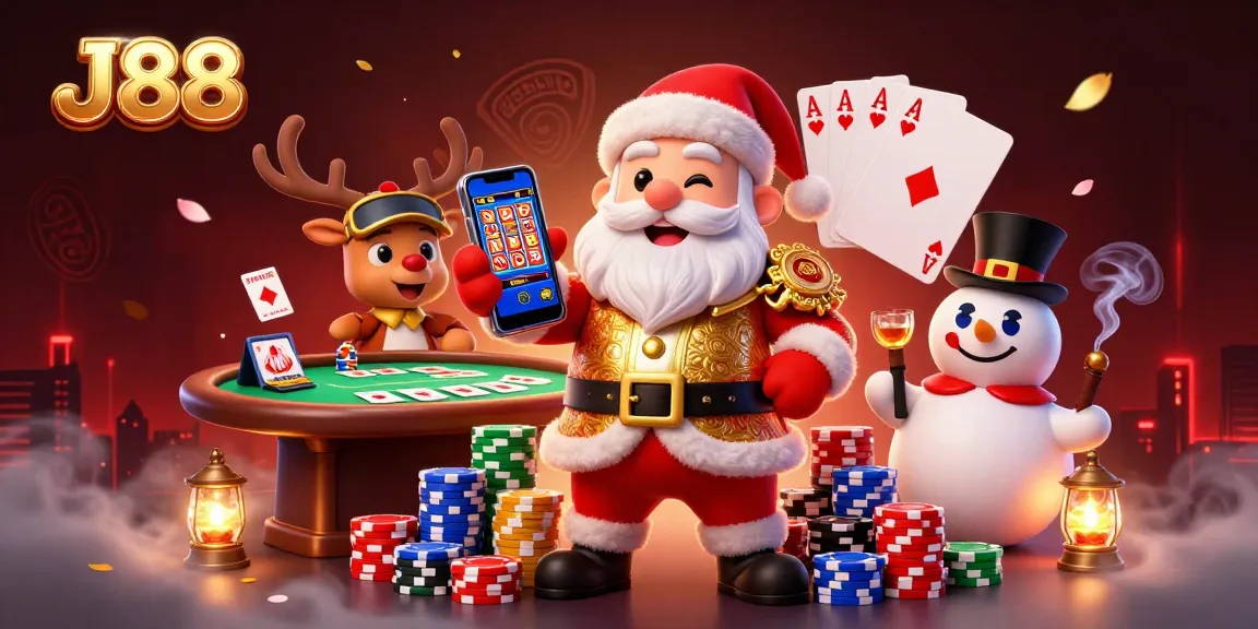 Engage with J88’s vibrant casino scene featuring Santa, a reindeer dealer, and a chip-top hat snowman.