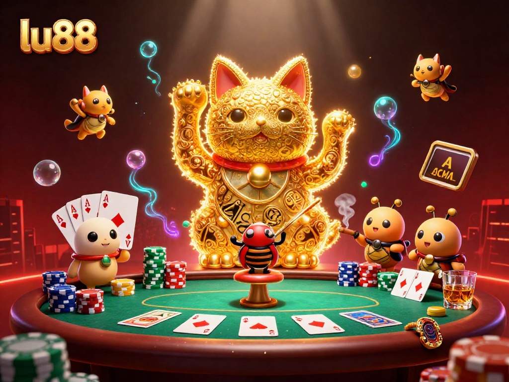 Experience thrilling moments at lu88 with a vibrant casino scene featuring a lucky cat and poker elements.