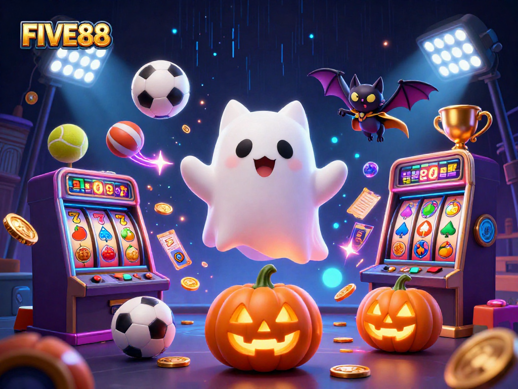 Engage with FIVE88's thrilling slot experience featuring a ghost cat in a haunted casino.