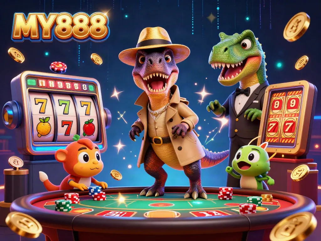 MY888 online casino features an exciting illustration with a velociraptor card counter and a stegosaurus pit boss