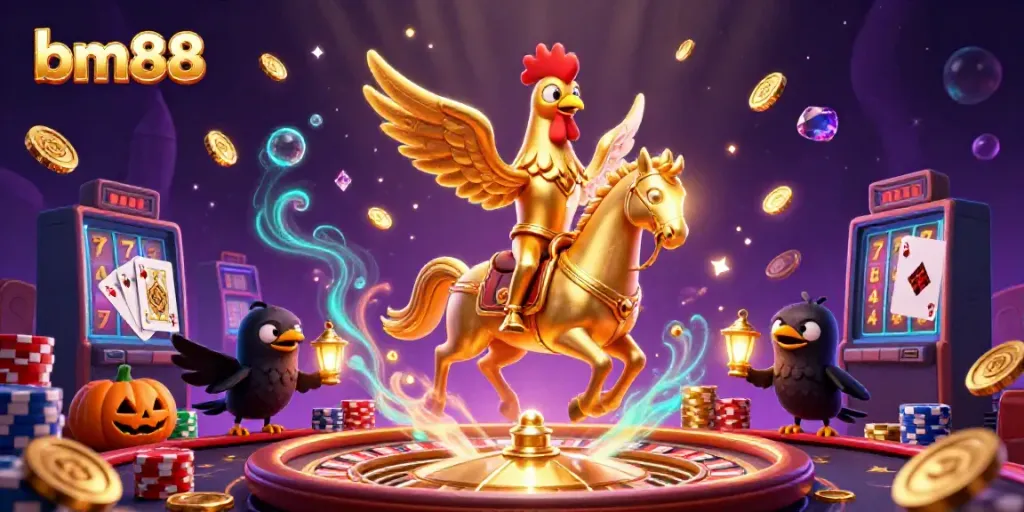 Experience the magic of bm88 with a golden rooster and spectral horse in a vibrant casino scene.