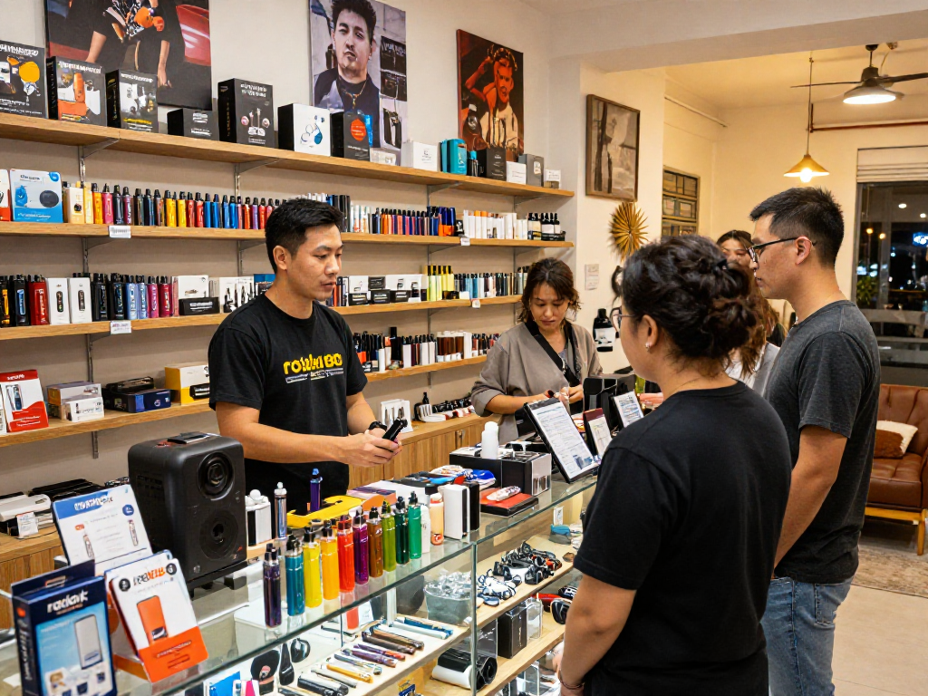 Customers exploring rokok88 super products in a vibrant smoke shop.