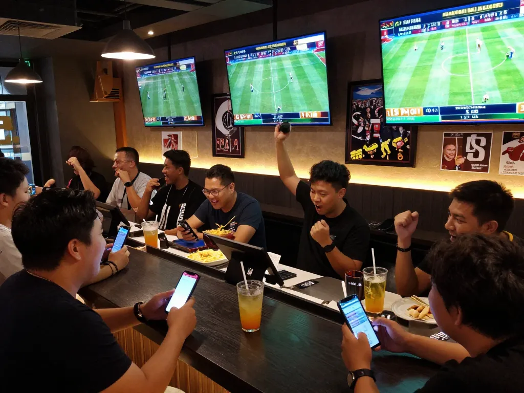 Tracker on smartphone showing keo nha cai odds during live sports betting in a lively bar atmosphere