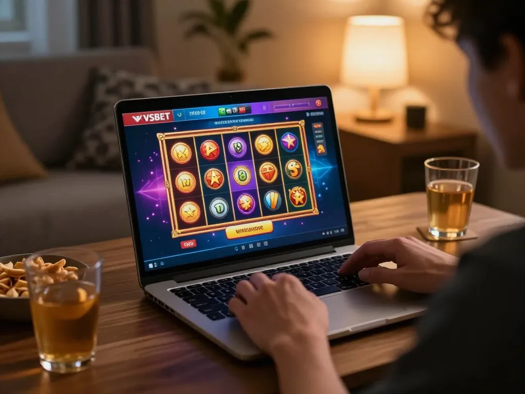 Player engaging with VSBET online casino on laptop, enjoying a dynamic slot game.