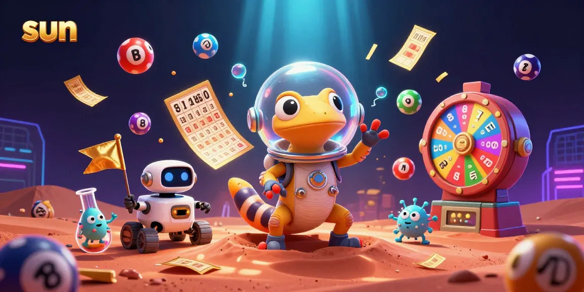 Spin the sun-themed lottery with vibrant colors and Martian characters celebrating at a golden casino