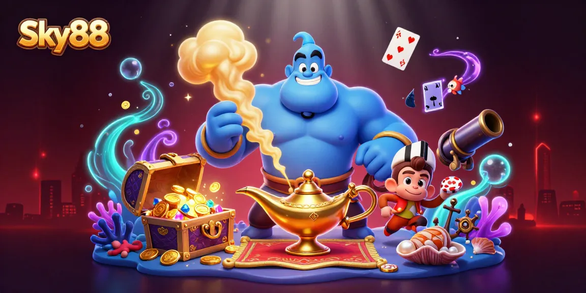 Experience thrilling gameplay at Sky88 with a dynamic casino illustration featuring a genie and treasure
