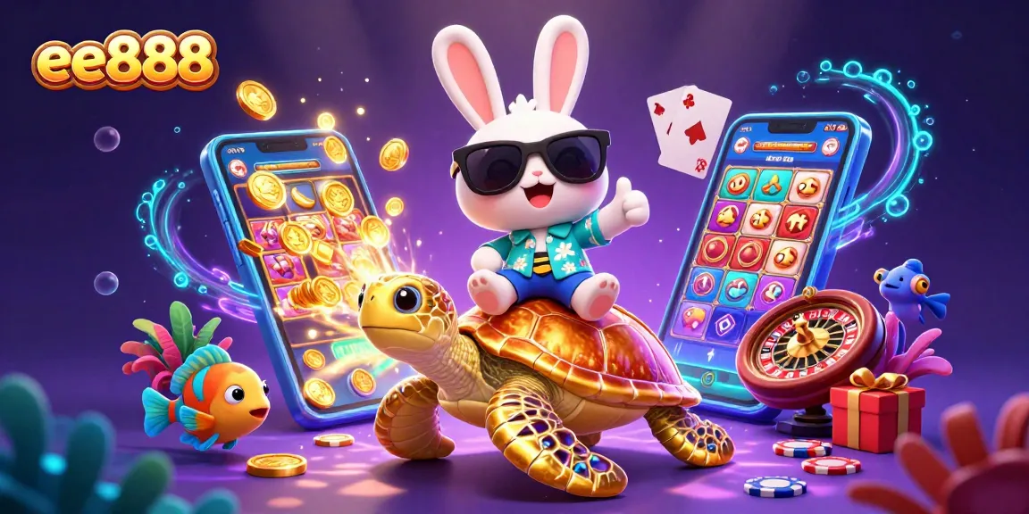 Experience the thrill of ee888 with a cartoon rabbit celebrating on a golden sea turtle amidst vibrant casino elements.
