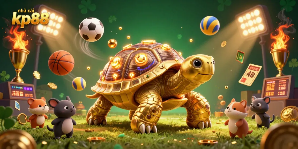 Play thrilling games at nhà cái kp88, where a golden tortoise pinball machine entertains delighted animals.