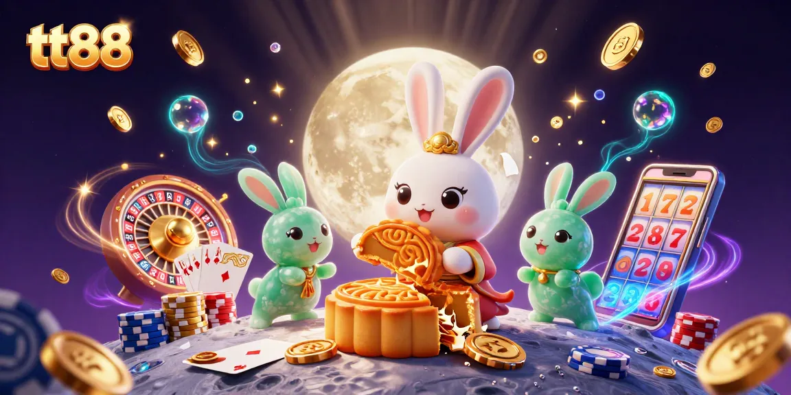 tt88 illustration featuring a cartoon moon rabbit with poker chips and vibrant casino elements.