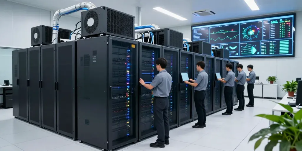 High-performance server infrastructure and technicians monitoring rokok88 data center for optimal internet speed.