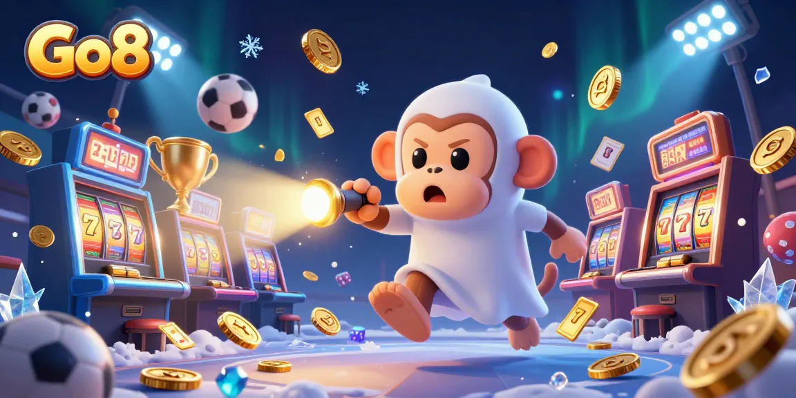 Engage with Go8's thrilling casino experience featuring a mischievous monkey juggling golden rewards amidst dynamic game elements.
