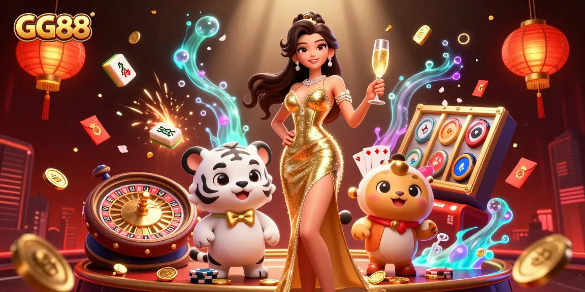 Experience the excitement of GG88 as a glamorous player celebrates wins amidst casino elements and a lucky white tiger.