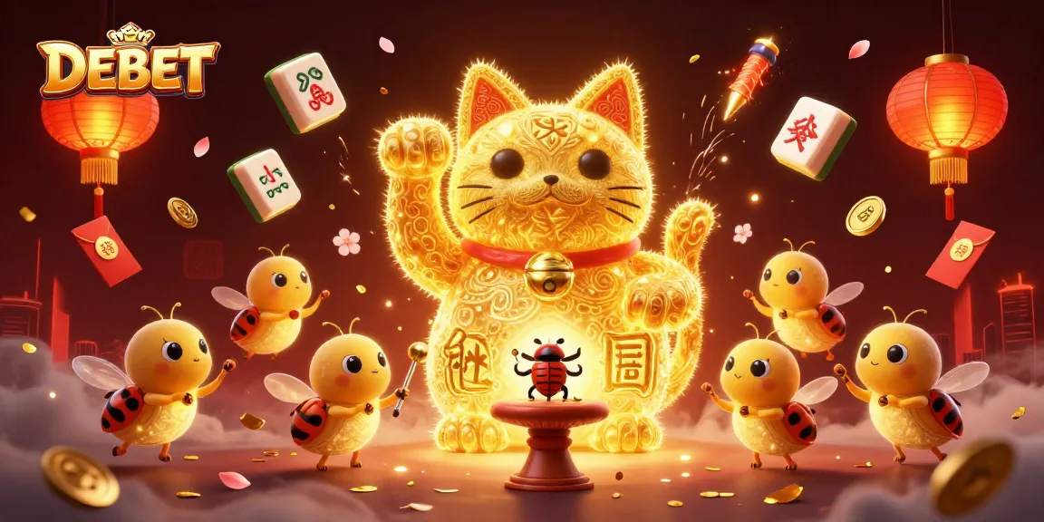 DEBET showcases a lively scene with a lucky cat and vibrant fireflies celebrating casino wins.