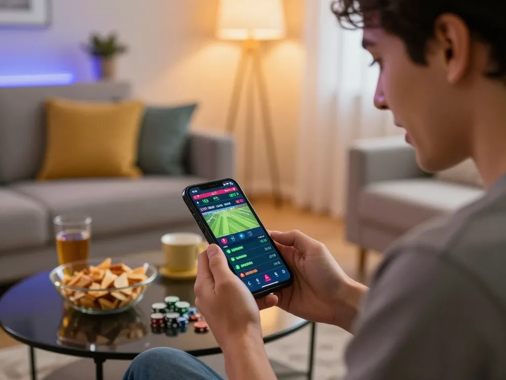 FABET user checking live sports betting odds on smartphone in vibrant home setting