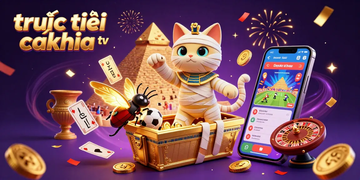 Experience trực tiếp cakhia tv with an exhilarating sports betting scene featuring a mummy cat and a scarab beetle amidst magical elements.