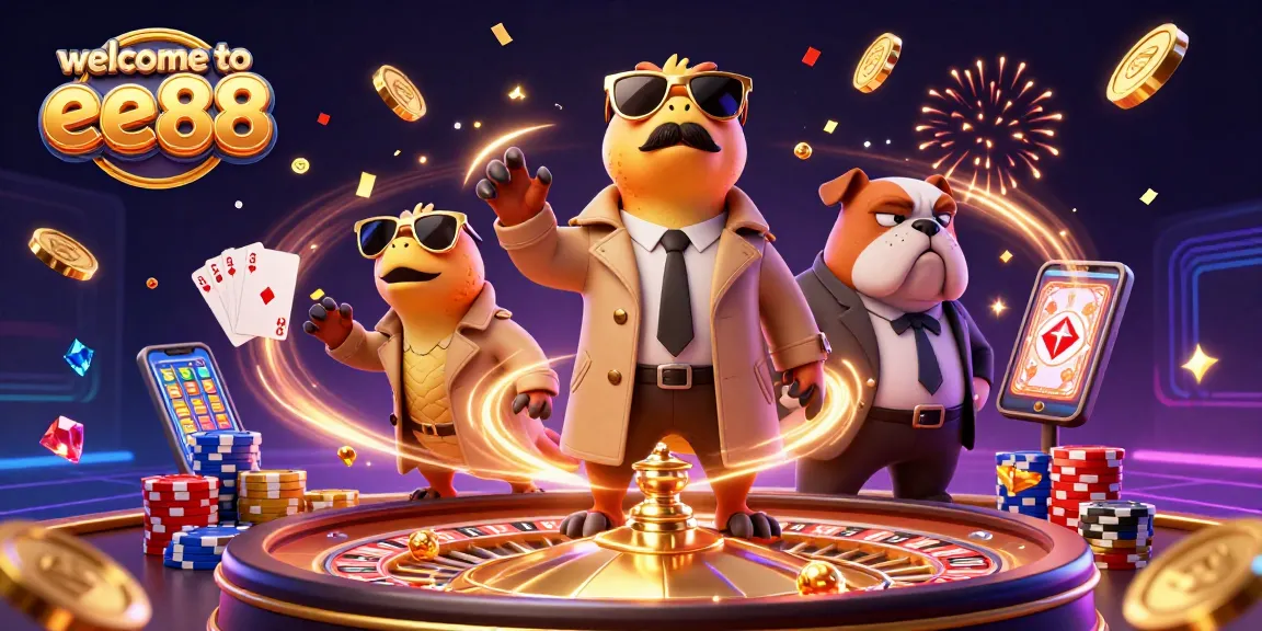 Experience the excitement with "welcome to ee88" as colorful casino raptors enter a VIP lounge, surrounded by dynamic game elements.
