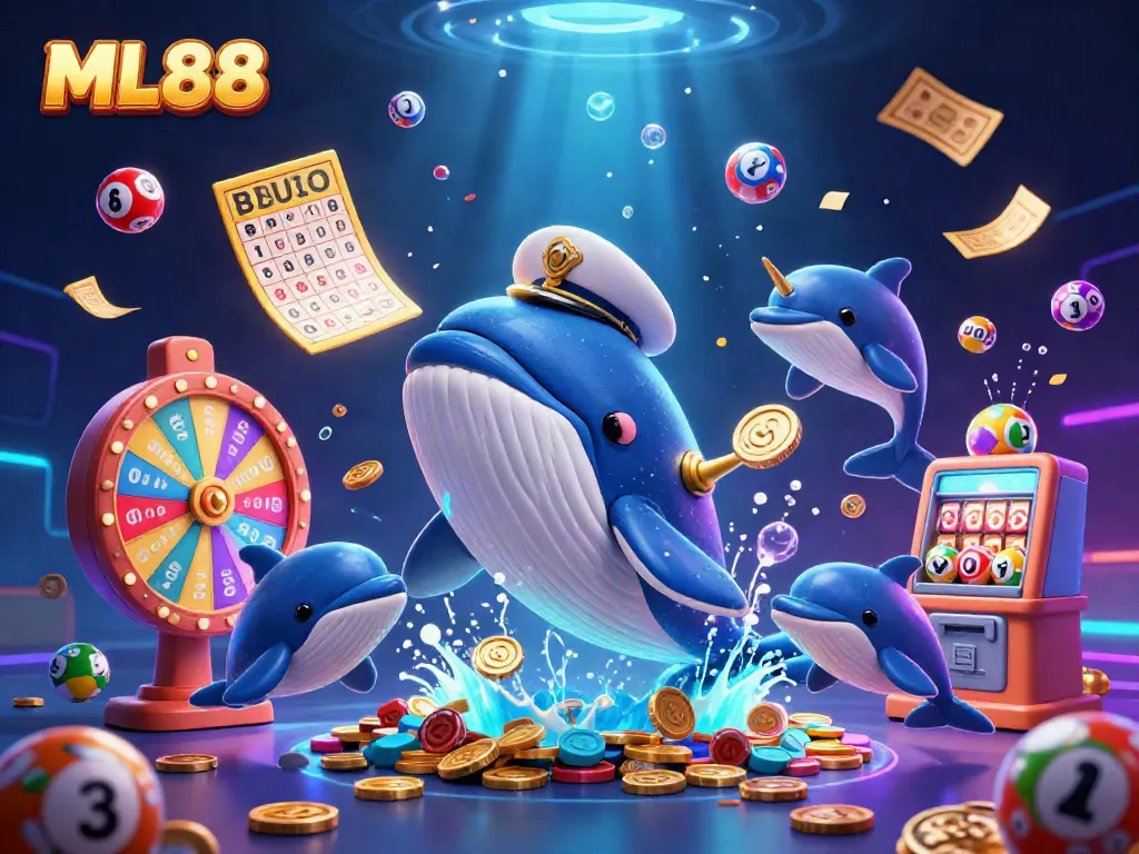 ML88 fish shooting illustration featuring a cartoon whale, poker chips, and lottery elements in vibrant colors.