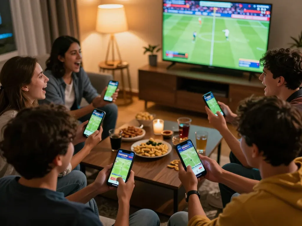 Socolive app displayed on smartphones during an exciting home sports betting event with friends.