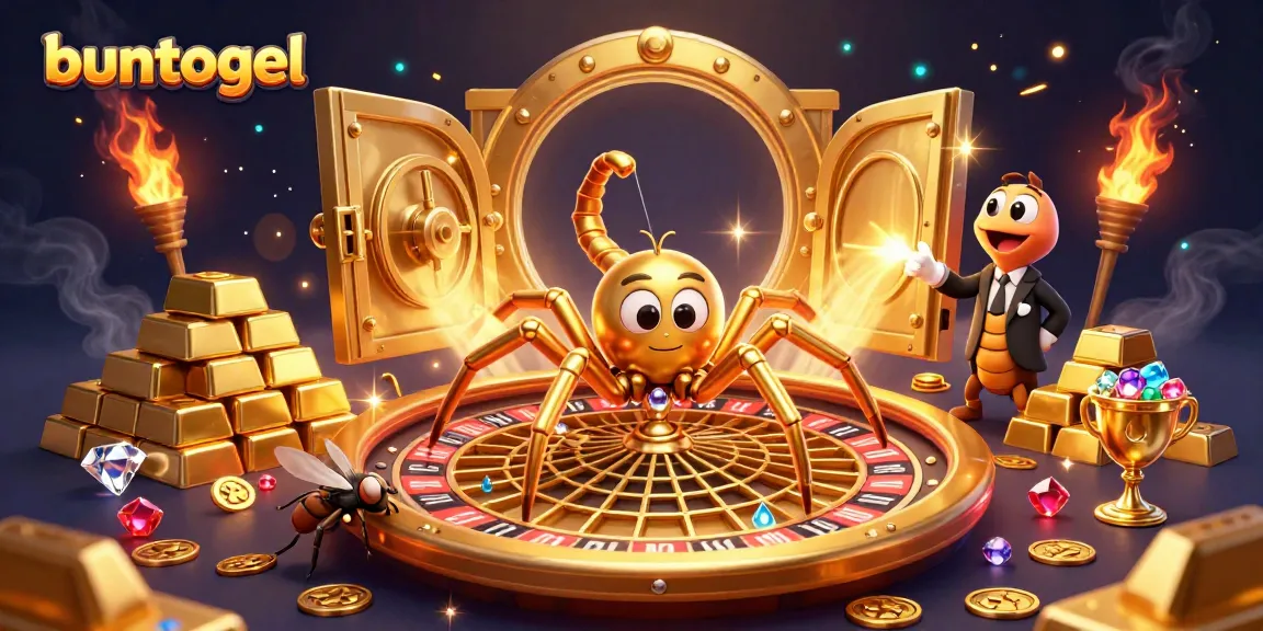 Bets are placed nervously by a fly at the edge of a golden roulette web in Buntogel's fantastic casino scene.