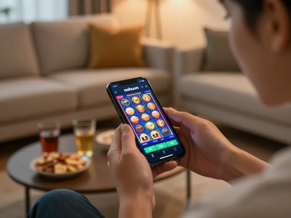 Nohuvn mobile app showcased as player spins slots in a cozy home setting