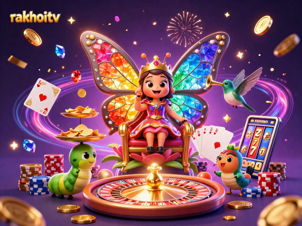 Experience thrilling action with rakhoitv as a butterfly queen presides over a vibrant casino scene.