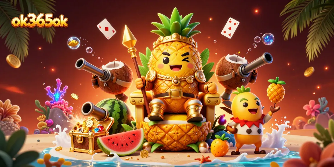 Experience the vibrant scene of ok365ok with a pineapple king in a casino setting, surrounded by treasures and playful characters.