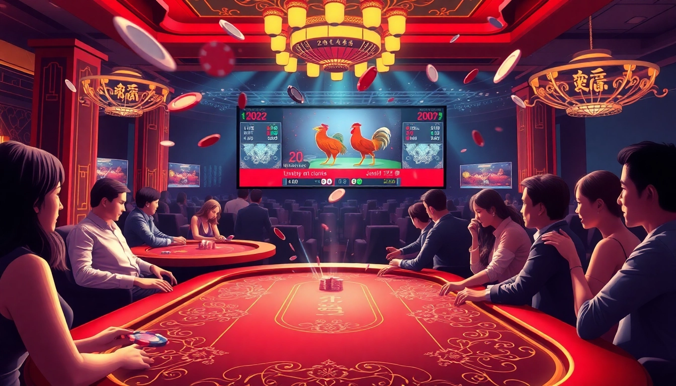 Experience the thrill of đá gà trực tiếp as players engage in live betting at vibrant gaming tables.