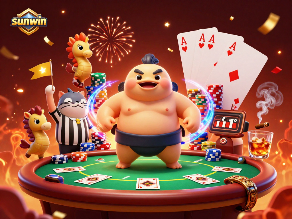Sunwin showcases an underwater poker showdown with a charismatic fugu and vibrant casino elements.