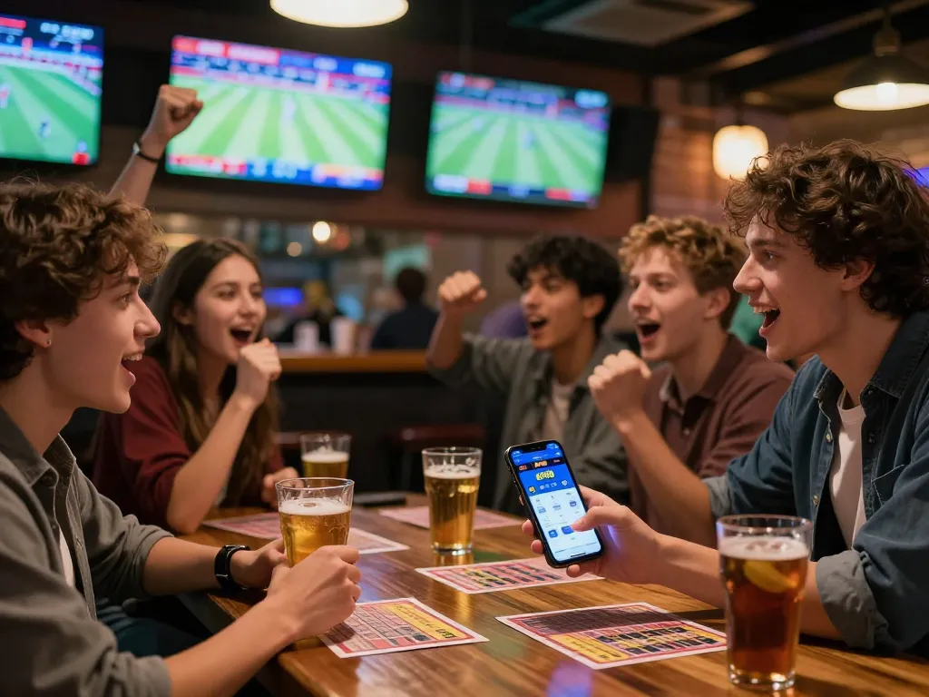 Friends enjoying sports betting with KP88 app at a lively bar, celebrating the winning moments of the game.