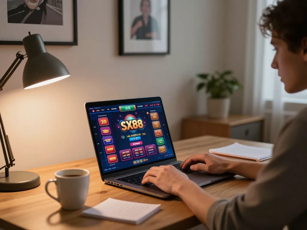 SX88 online gaming experience shown on laptop with vibrant casino interface.