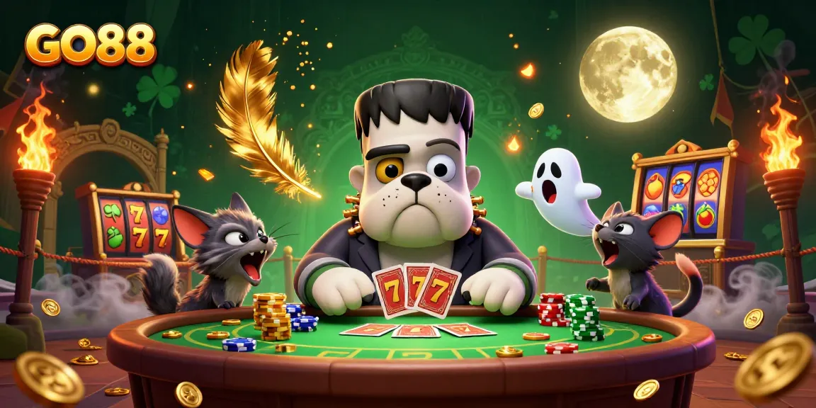 Experience GO88 excitement at a spooky casino table with vibrant characters and energetic gameplay.