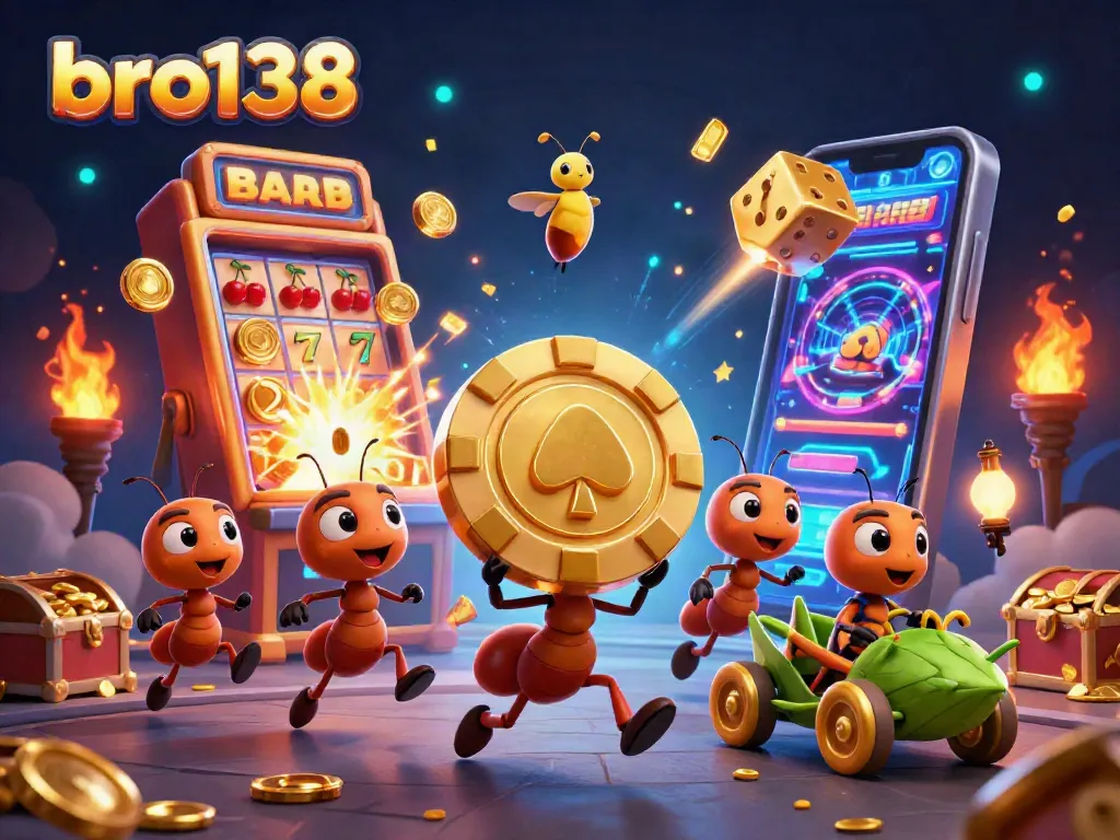 Join the heist at bro138 with a team of ants carrying a giant poker chip amidst exploding jackpots and casino themes.