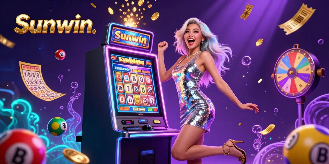 Experience thrilling gaming with Sunwin as golden coins erupt from a jackpot slot machine in a lively casino scene.