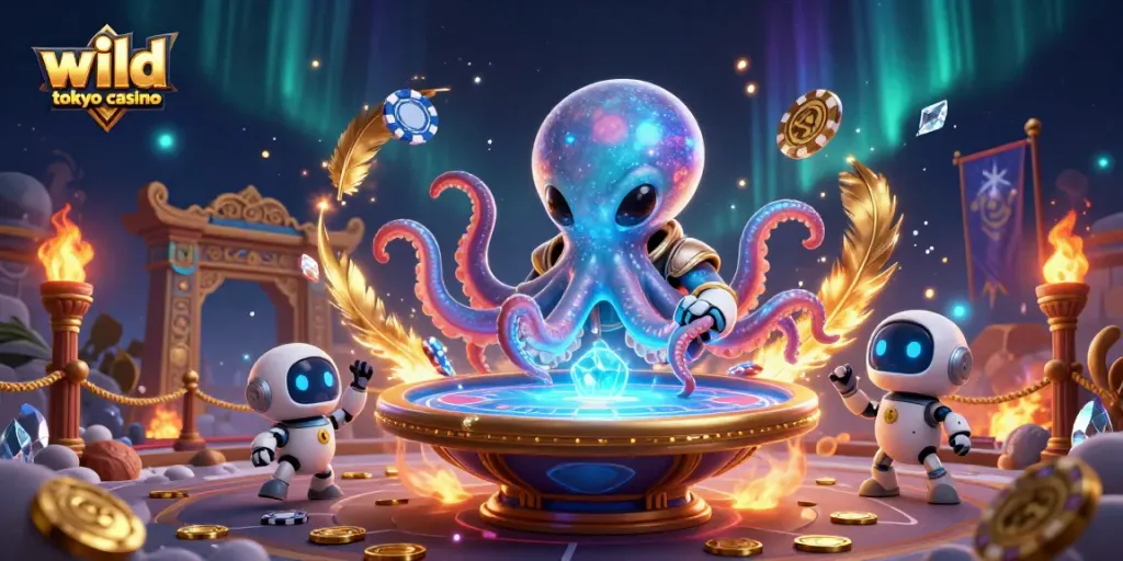 Engage with wild tokyo casino's vibrant atmosphere featuring an alien octopus at a poker table with exciting game elements.