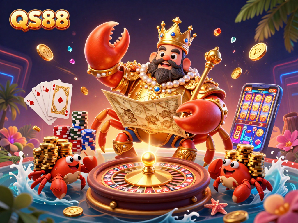 Experience the vibrant gaming world of QS88 with a dynamic scene of a golden crab emperor surrounded by casino elements.