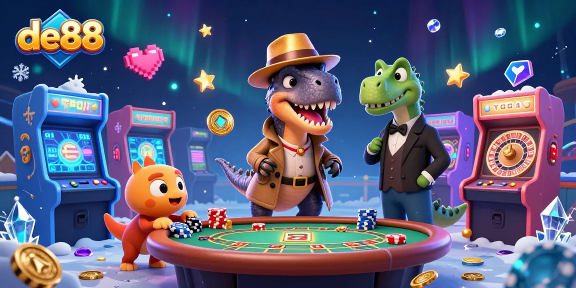 Experience thrilling gameplay at de88 with a card counting velociraptor and colorful casino elements.